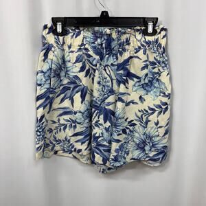 H&M Blue White Floral Linen Blend High Waist Pull On Pockets Short Shorts Small
